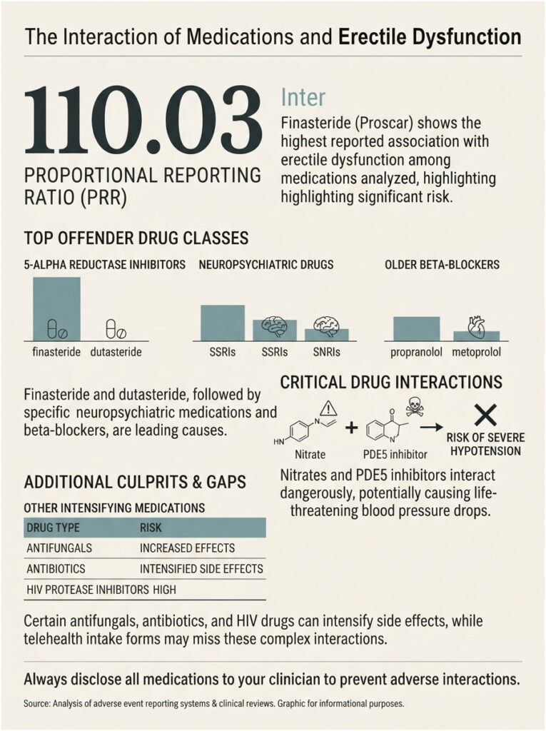 Infographic showing medication interactions and erectile dysfunction risks, including charts and drug classes.