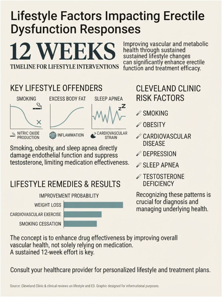 Infographic showing lifestyle factors impacting erectile dysfunction, including key offenders and remedies over 12 weeks.