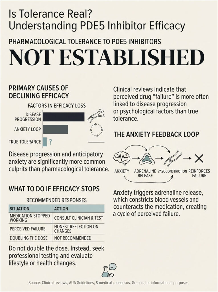Infographic explaining PDE5 inhibitor efficacy, causes of declining efficacy, and recommended responses for treatment failure.