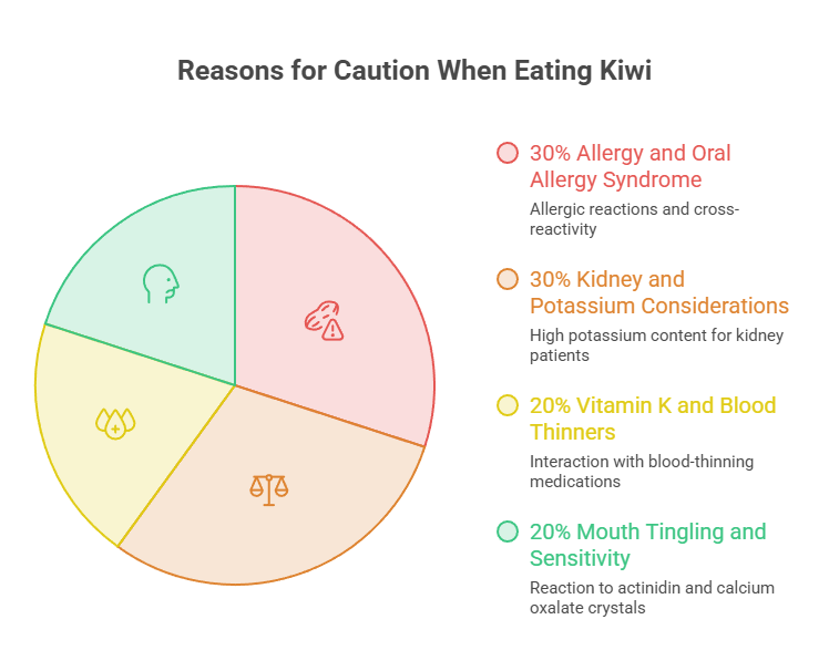 Pie chart showing reasons for caution when eating kiwi, including allergies and health considerations. Infographic.