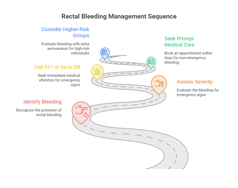 Infographic illustrating the rectal bleeding management sequence with steps and icons for each action.