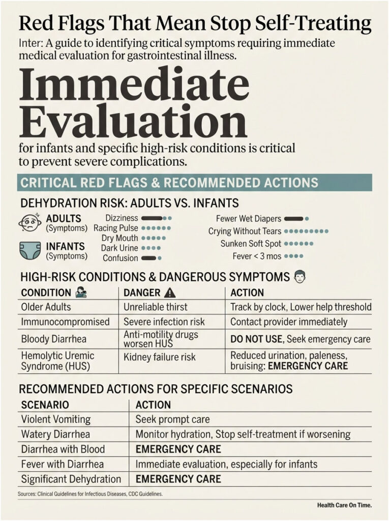 Infographic detailing critical red flags for gastrointestinal illness evaluation in adults and infants.
