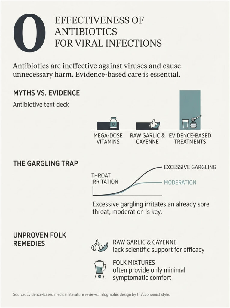 Infographic showing the ineffectiveness of antibiotics for viral infections, including myths and evidence, and throat irritation data.