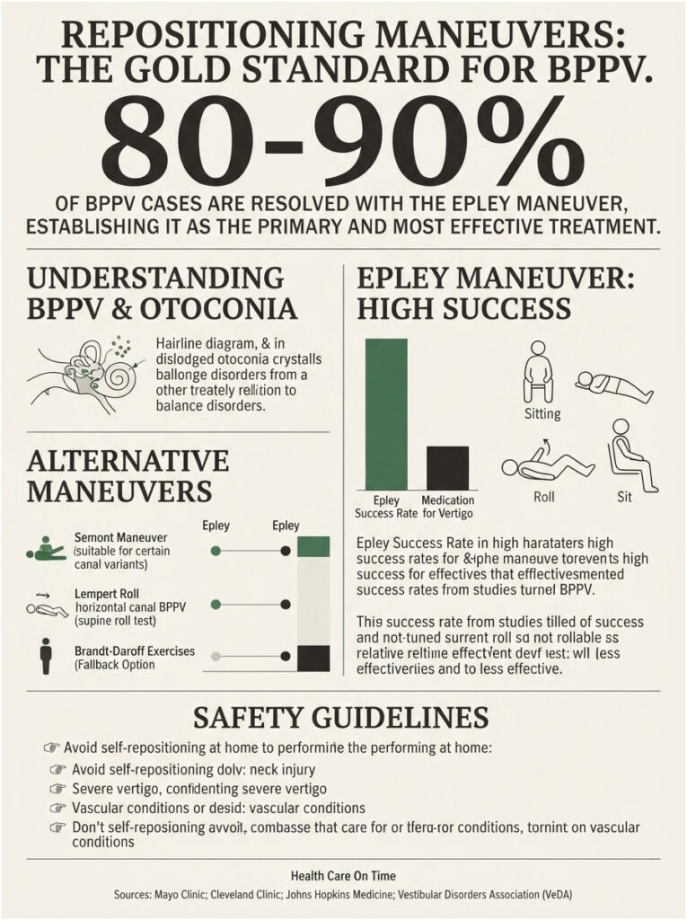 Infographic on BPPV treatment success rates, featuring charts, diagrams, and safety guidelines.