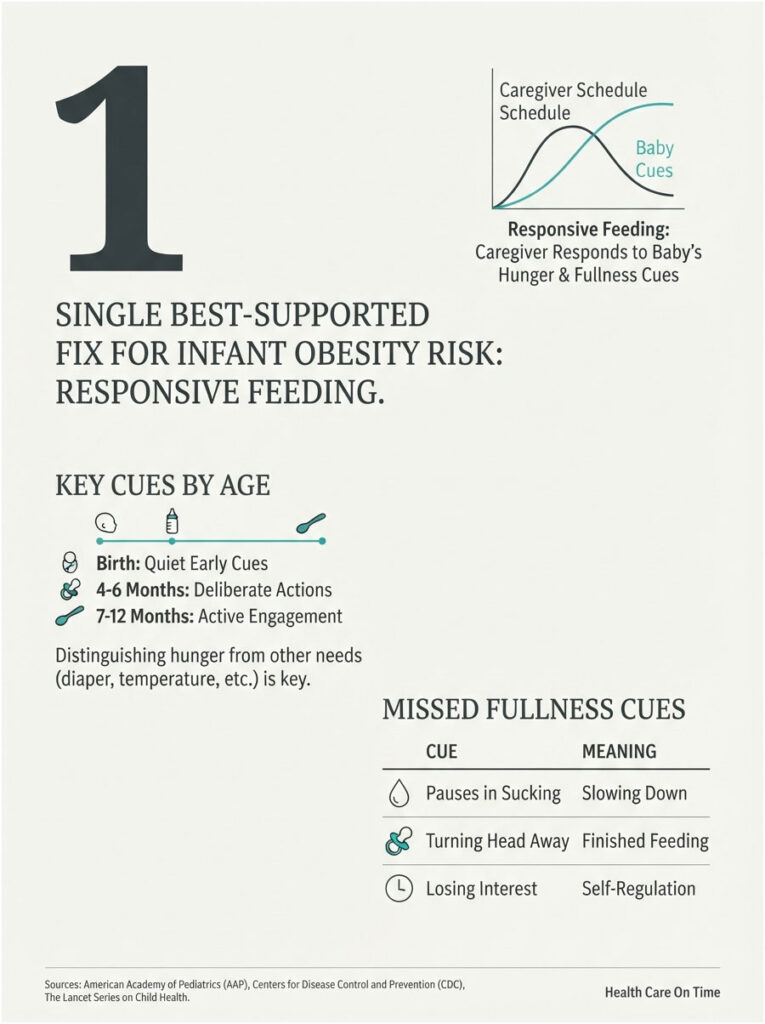 Infographic showing responsive feeding cues for infants, including age-specific cues and missed fullness cues.