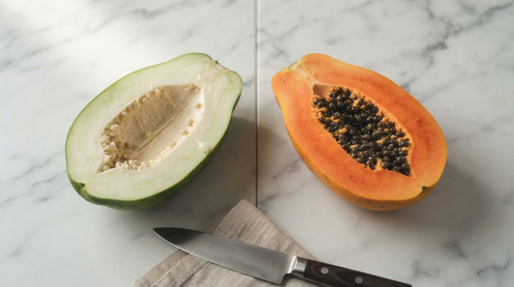 A halved green papaya and a halved orange papaya on a marble surface with a knife and cloth nearby.