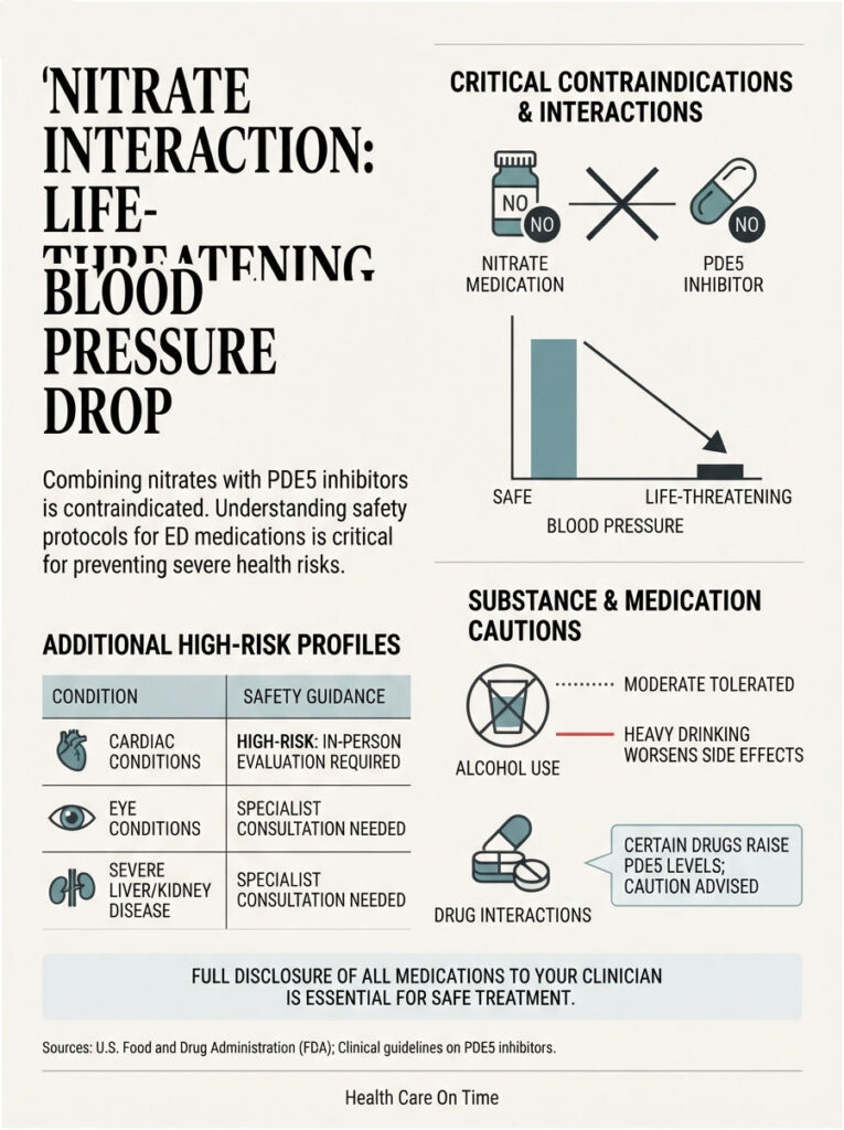 Infographic on nitrate interaction with PDE5 inhibitors, showing critical contraindications and safety guidance.