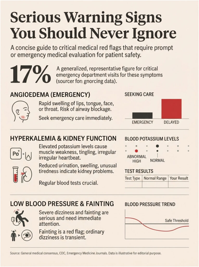 Infographic detailing serious medical warning signs, including angioedema, hyperkalemia, and low blood pressure symptoms.