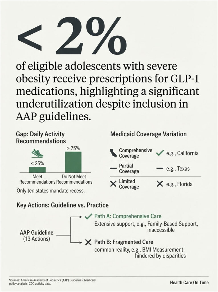 Infographic showing obesity medication prescription rates, Medicaid coverage variations, and daily activity recommendations for adolescents.