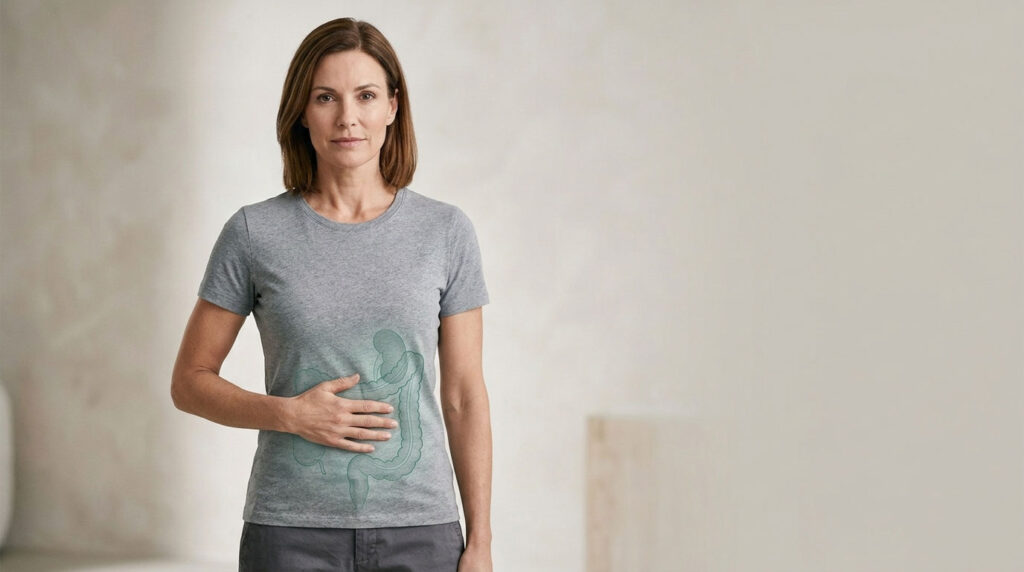 A woman in a gray t-shirt stands with her hand on her stomach, featuring a subtle illustration on the shirt.