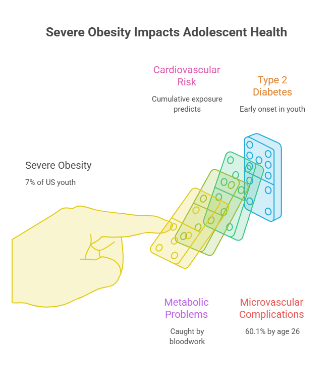 Infographic showing severe obesity impacts on adolescent health with statistics on cardiovascular risk, type 2 diabetes, and more.