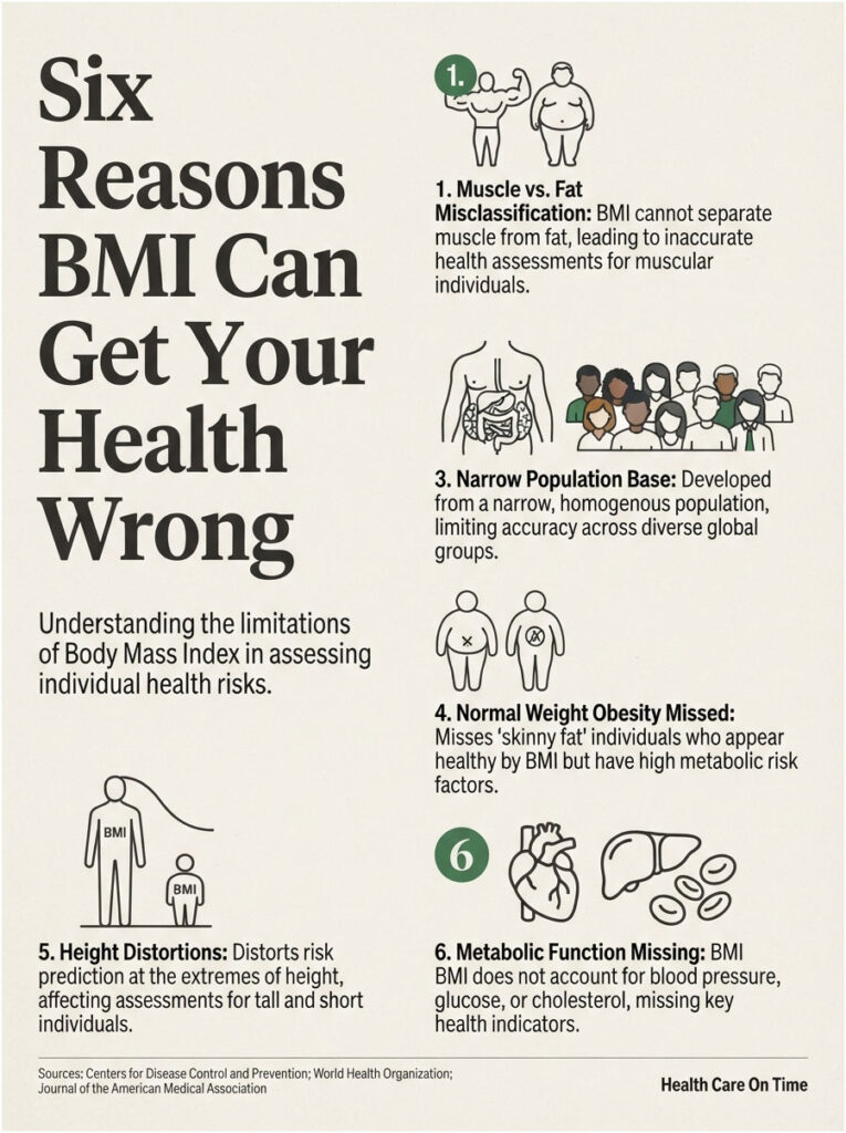 Infographic listing six reasons why BMI can misrepresent health, including muscle misclassification and metabolic function missing.