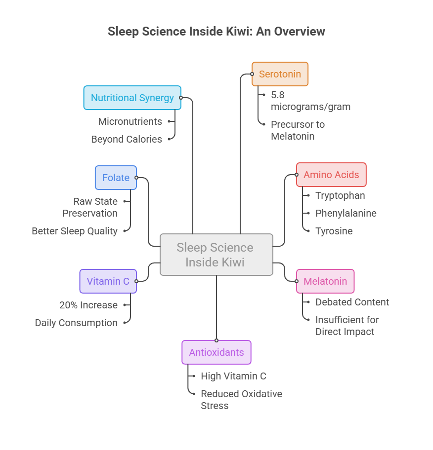 Infographic showing sleep science inside kiwi, detailing nutrients like serotonin, folate, and antioxidants.