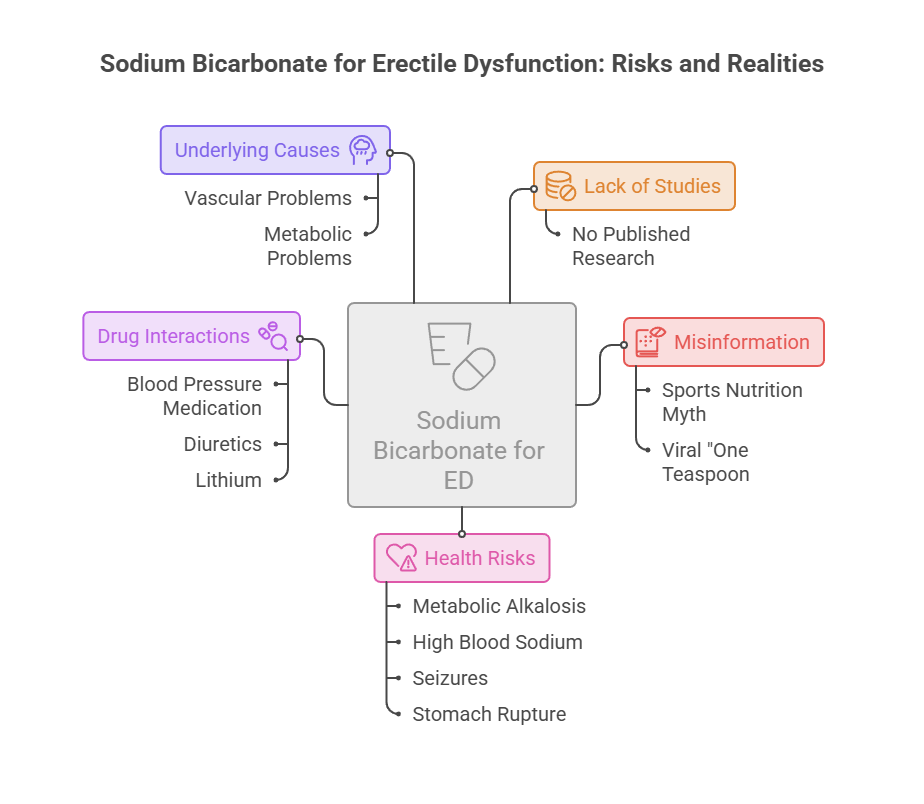 Infographic detailing sodium bicarbonate for erectile dysfunction, highlighting risks, causes, and misinformation.