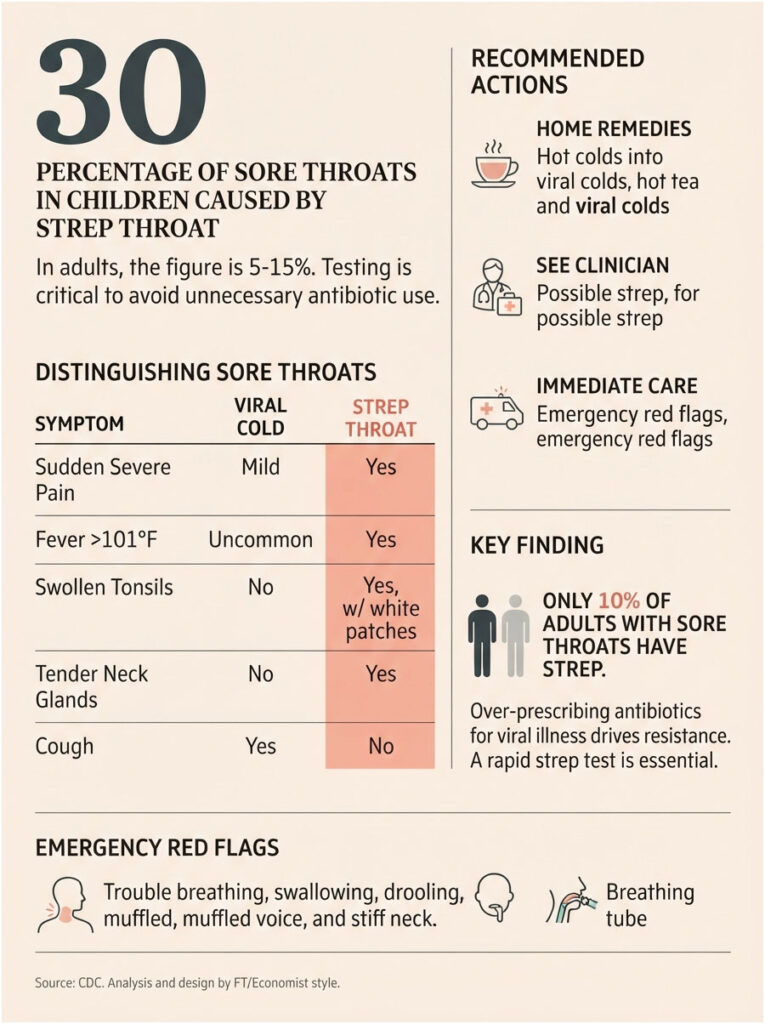 Infographic showing sore throat causes, symptoms, and recommended actions for strep throat in children and adults.