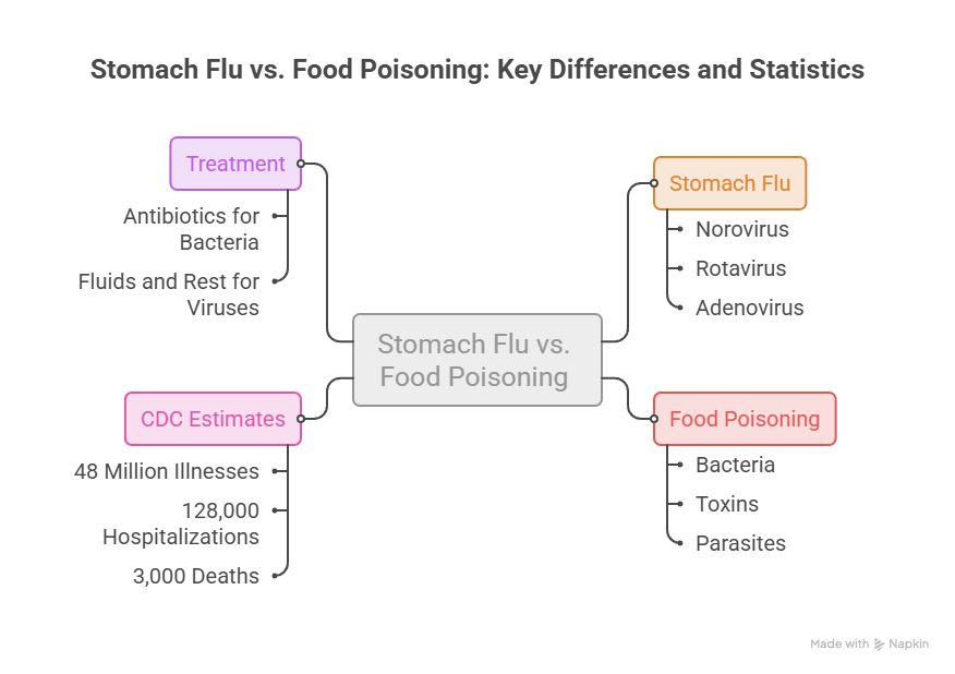 Infographic comparing stomach flu and food poisoning with treatment options and CDC estimates on illnesses and deaths.