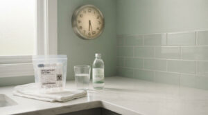 A specimen kit and a glass of water sit on a marble countertop beside a clock and green tiles.