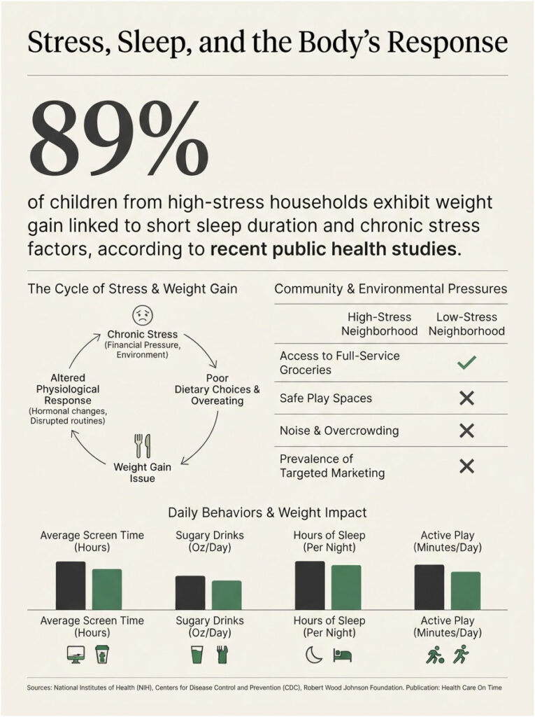 Infographic showing stress impact on children's weight gain, with statistics and cycle of stress factors.