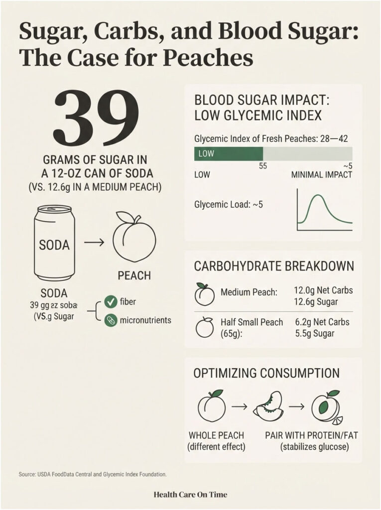 Infographic comparing sugar content in soda and peaches, highlighting glycemic index and carbohydrate breakdown.