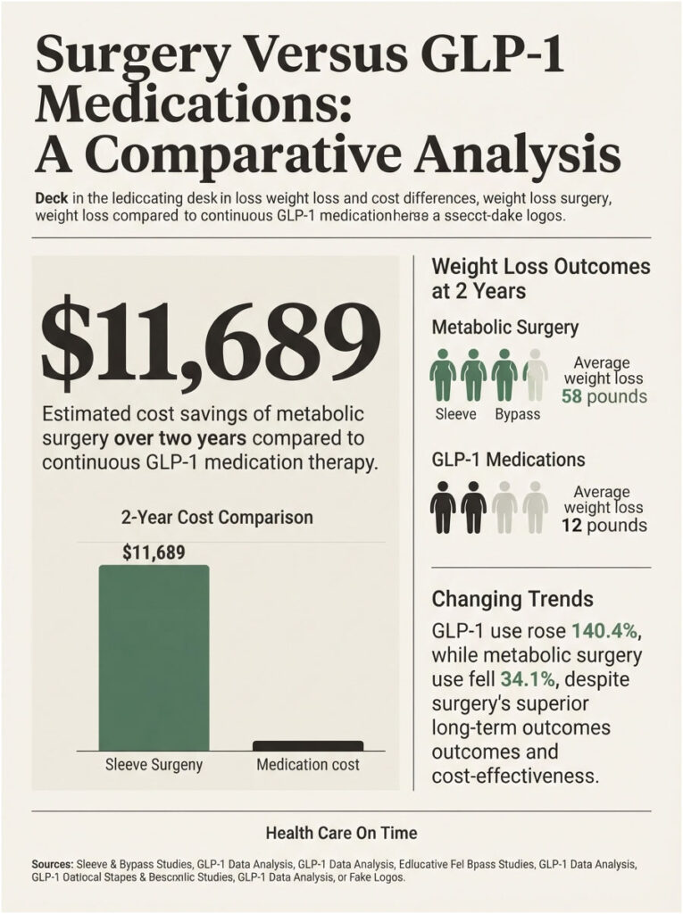 Infographic comparing weight loss and costs of metabolic surgery versus GLP-1 medications, showing data and charts.