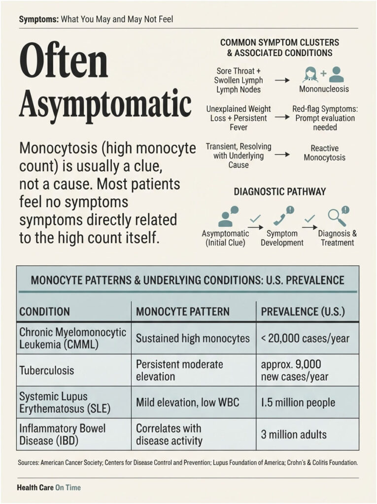 Infographic explaining monocytosis, symptoms, diagnostic pathways, and related conditions with prevalence data.