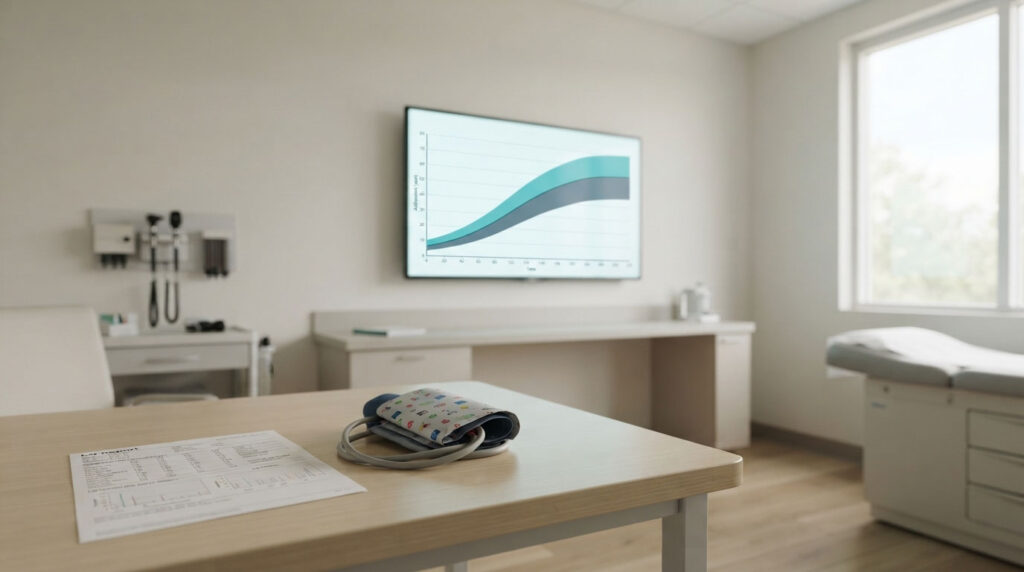 A medical examination room featuring a blood pressure cuff, a report on the table, and a graph displayed on the wall.
