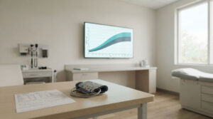 A medical examination room featuring a blood pressure cuff, a report on the table, and a graph displayed on the wall.