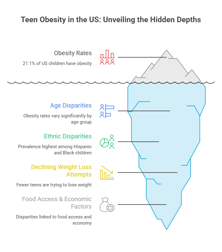 Infographic showing teen obesity in the US with statistics on rates, age, ethnic disparities, and economic factors.