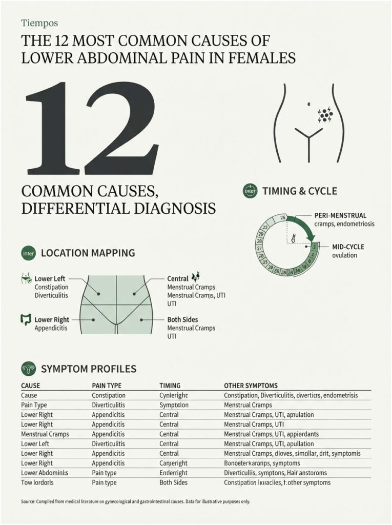 Infographic showing 12 common causes of lower abdominal pain in females with charts and symptom profiles.