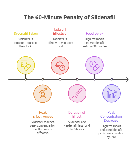 Infographic showing the timeline of sildenafil's effectiveness, including food delay and peak concentration details.