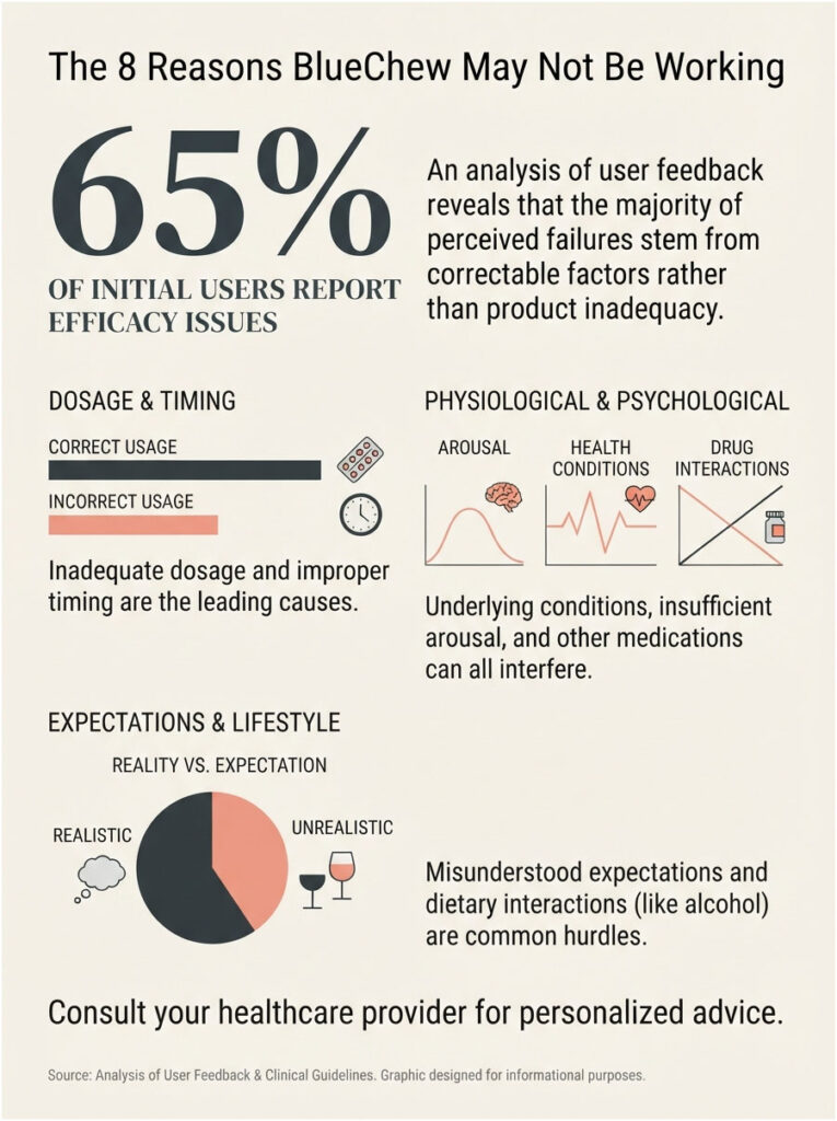 Infographic showing reasons BlueChew may not work, highlighting 65% report efficacy issues with icons and statistics.