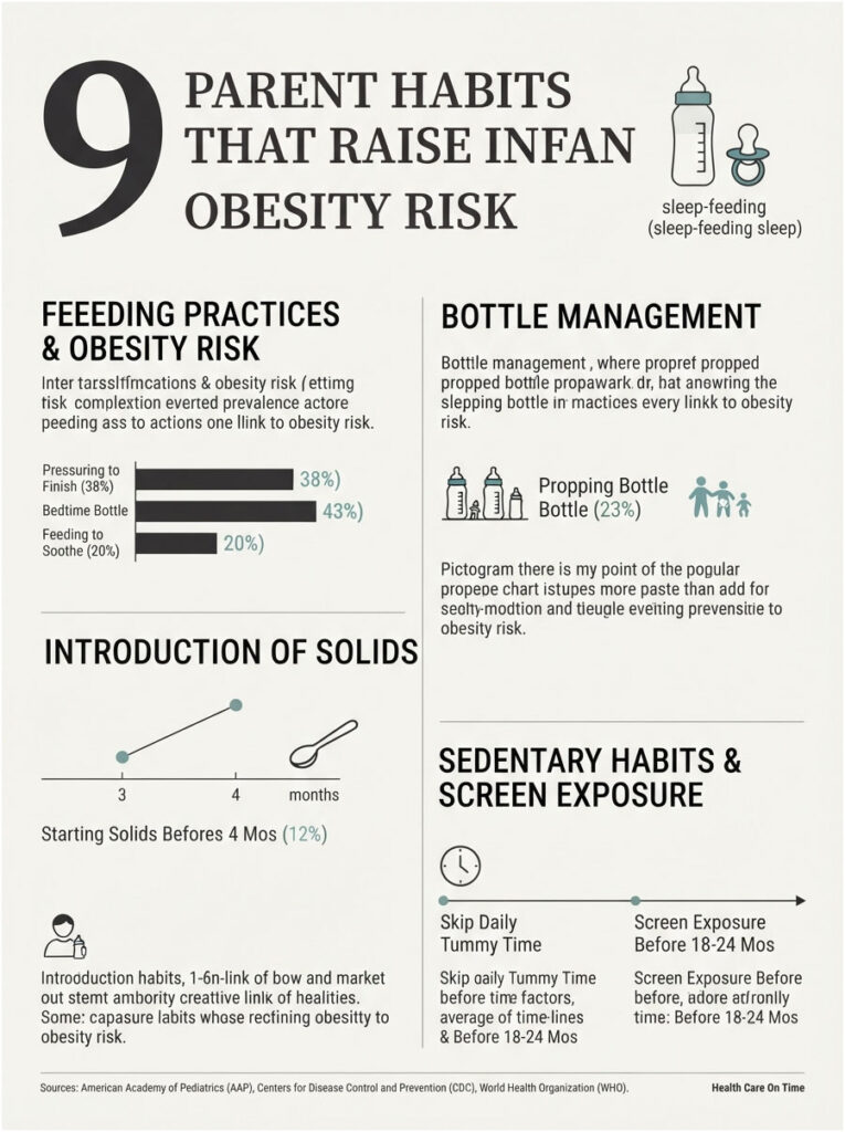 Infographic showing 9 parent habits raising infant obesity risk, including feeding practices and screen exposure data.