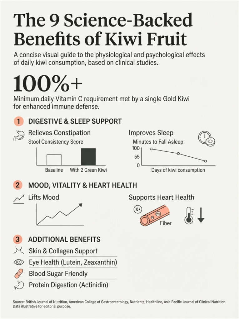 Infographic showing 9 benefits of kiwi fruit, including digestive support, mood enhancement, and heart health statistics.