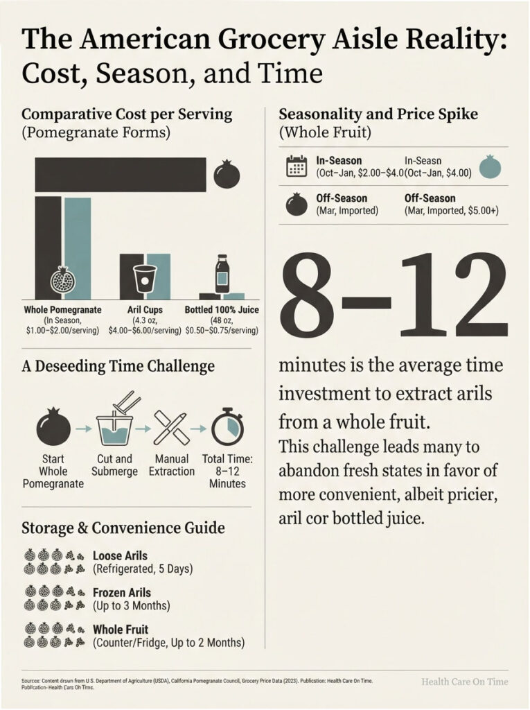 Infographic showing pomegranate cost comparison, deseeding time, and storage guidelines with charts and icons.