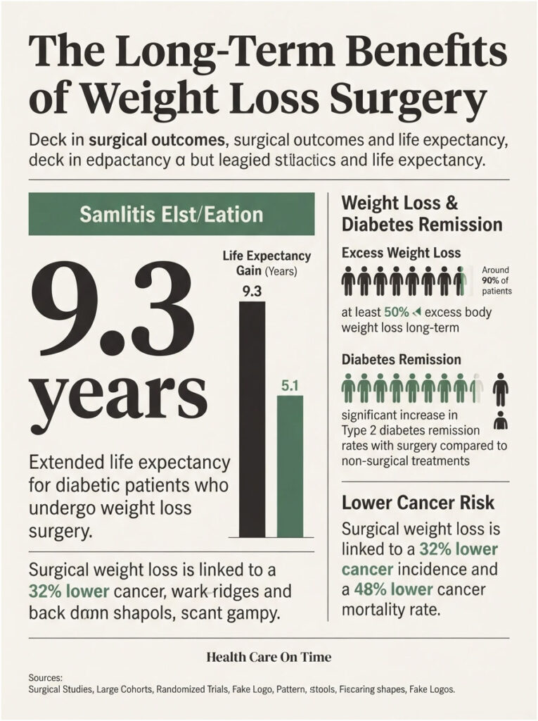 Infographic showing long-term benefits of weight loss surgery, including life expectancy gain and diabetes remission statistics.