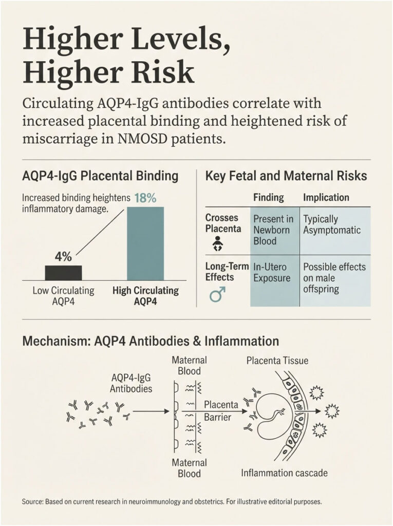 Infographic showing AQP4-IgG antibody levels, placental binding statistics, and maternal-fetal risks in NMOSD patients.