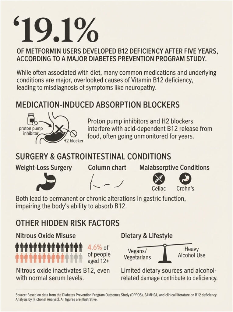 Infographic showing 19.1% of metformin users develop B12 deficiency, highlighting causes and risk factors.