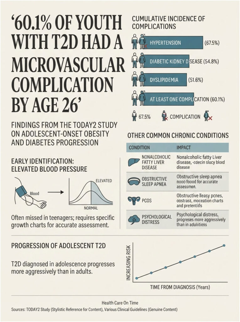 Infographic showing statistics on microvascular complications in youth with T2D, including hypertension and kidney disease.