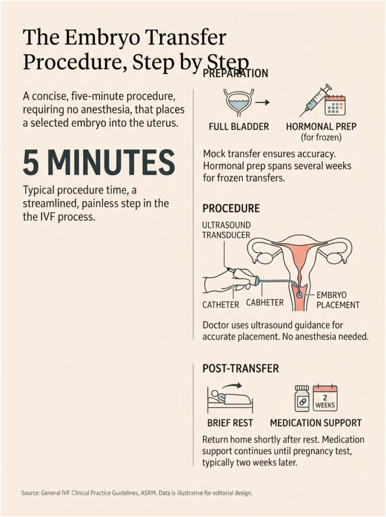 Infographic detailing the embryo transfer procedure steps, including preparation, procedure, and post-transfer care.