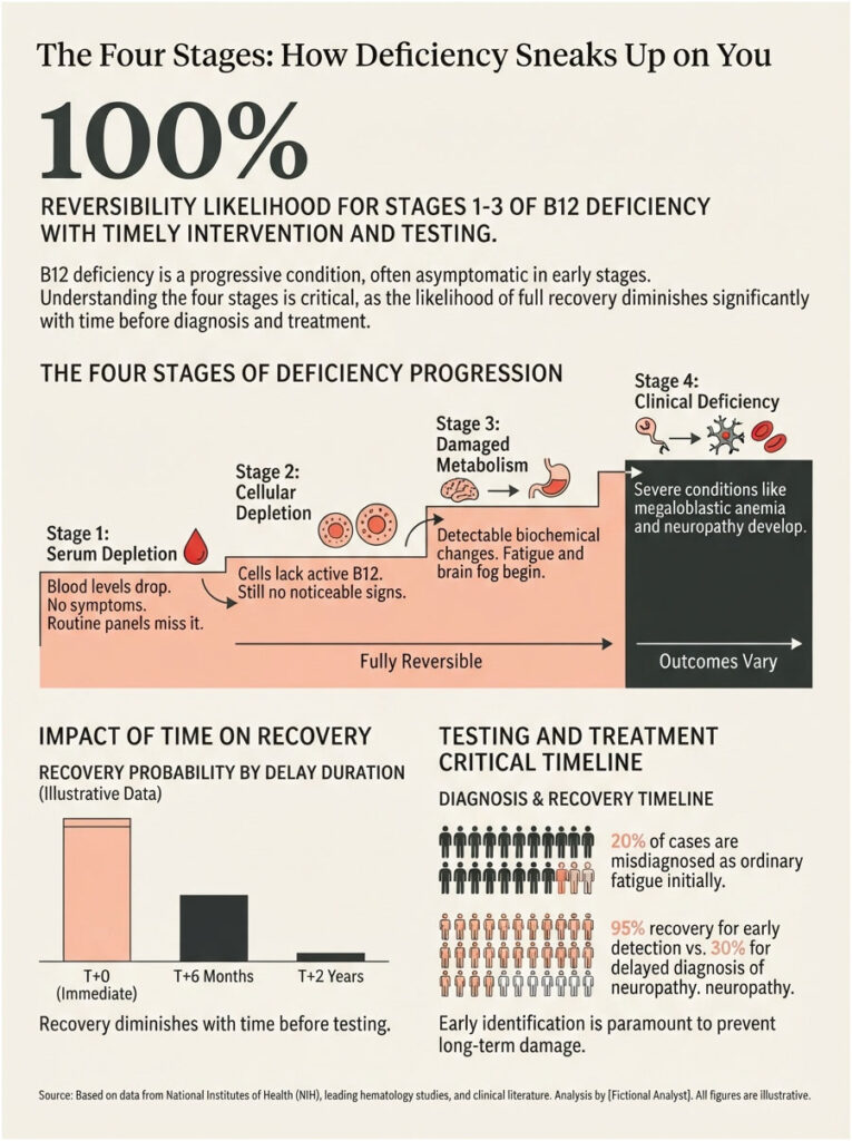 Infographic showing four stages of B12 deficiency with recovery probabilities and critical timelines for testing and treatment.
