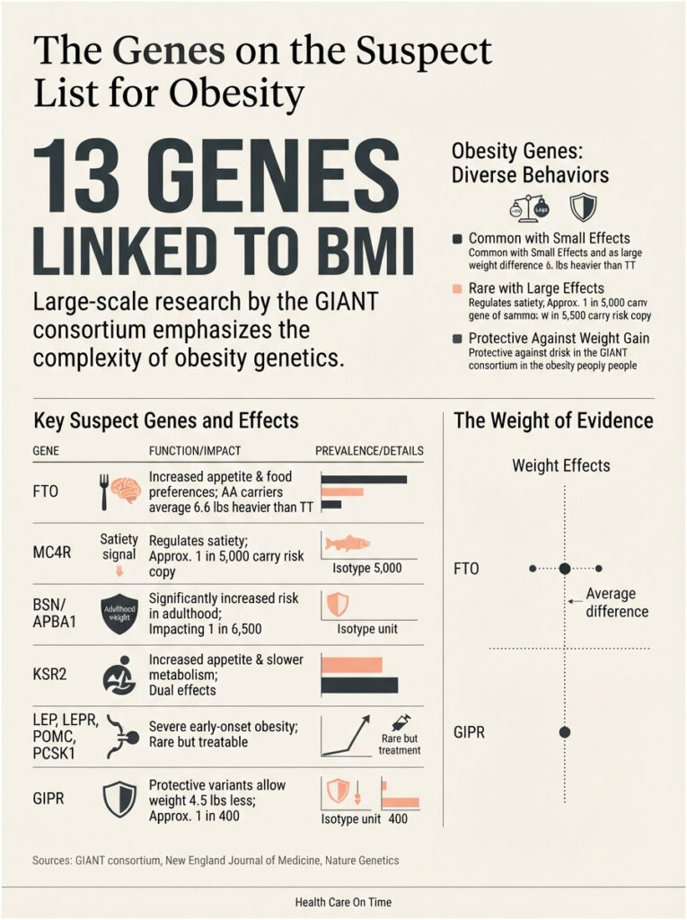 Infographic showing 13 genes linked to BMI, their functions, impacts, and weight evidence in obesity research.