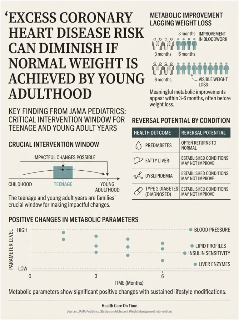 Infographic showing coronary heart disease risk reduction through weight management in youth, with charts and data points.
