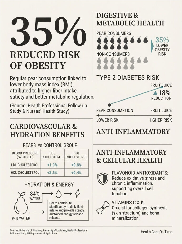 Infographic showing health benefits of pears, including reduced obesity risk and cardiovascular advantages.