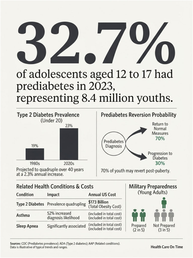 Infographic showing 32.7% of adolescents aged 12-17 had prediabetes in 2023, with related statistics and health impacts.