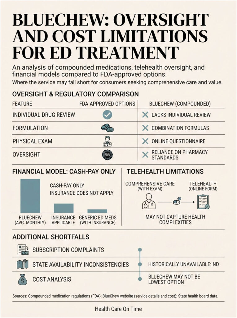 Infographic comparing BlueChew and FDA-approved ED treatments, highlighting oversight, costs, and limitations.