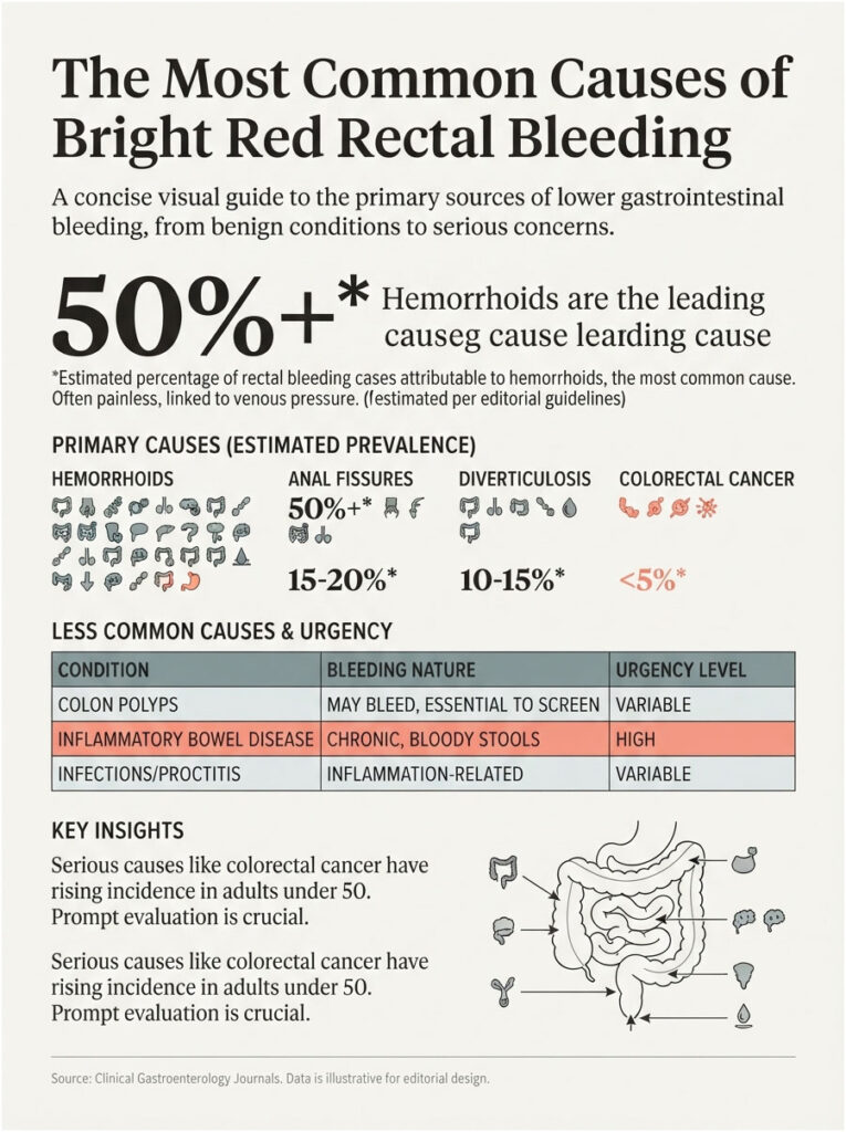 Infographic showing common causes of bright red rectal bleeding with statistics and illustrations of conditions.