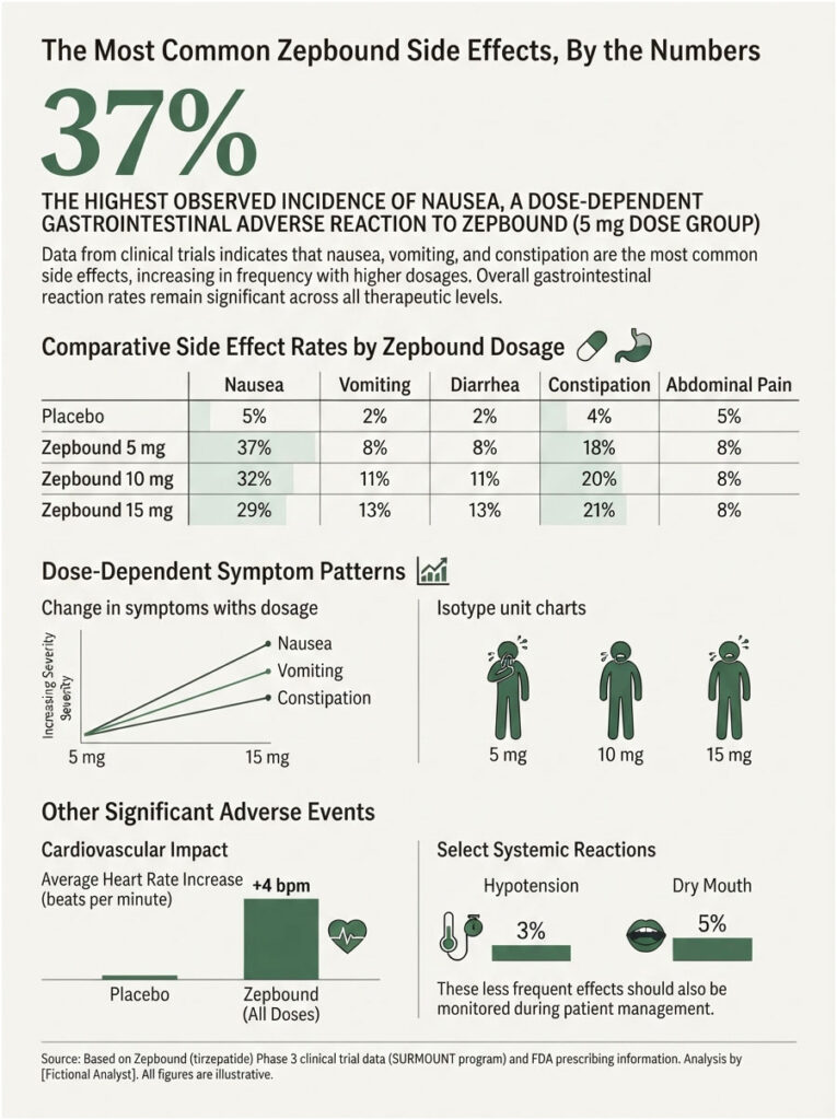 Infographic showing side effects of Zepbound by dosage, including nausea, vomiting, and constipation rates.