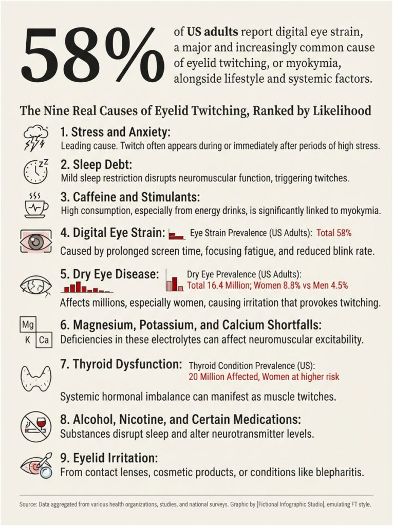 Infographic showing causes of eyelid twitching, including statistics and icons for each cause.