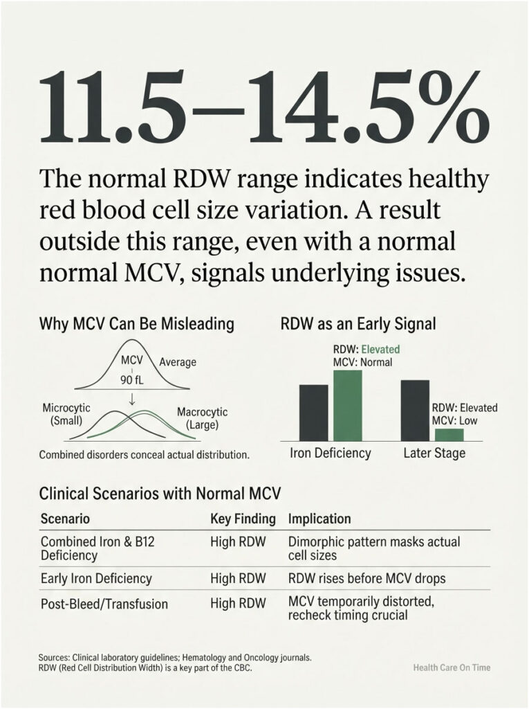 Infographic showing normal RDW range, MCV explanations, and clinical scenarios with key findings and implications.
