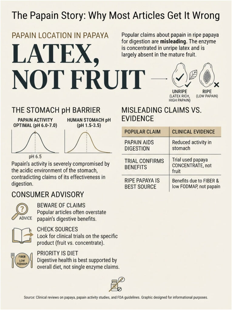 Infographic explaining papain in papaya, highlighting latex vs. ripe fruit, pH barriers, and misleading claims.